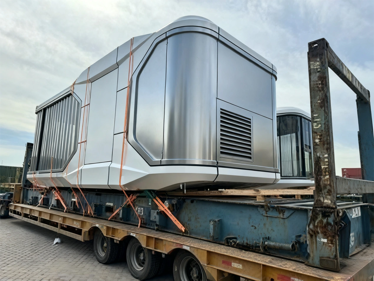 Cápsula de configuración rápida Inicio: Diseños de cápsula al por mayor innovadores para 20252sunlit-tec Moderna unidad modular que se transporta en un camión de cama plana