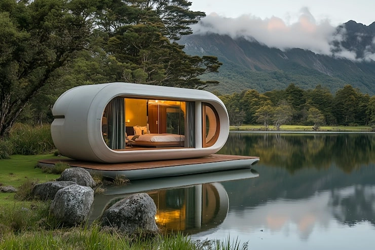 Cabinas de manzana: una nueva solución para la industria turística modernasunlit-tec Moderna casa flotante en un lago con fondo de montaña y bosque