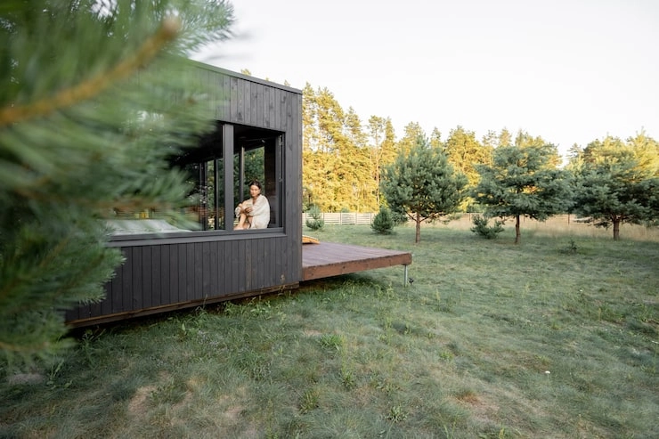 How Different Locations Affect the Cost of Installing a Modular Homesunlit-tec woman with dog looking out from window of dark wooden cabin in a grassy forested area