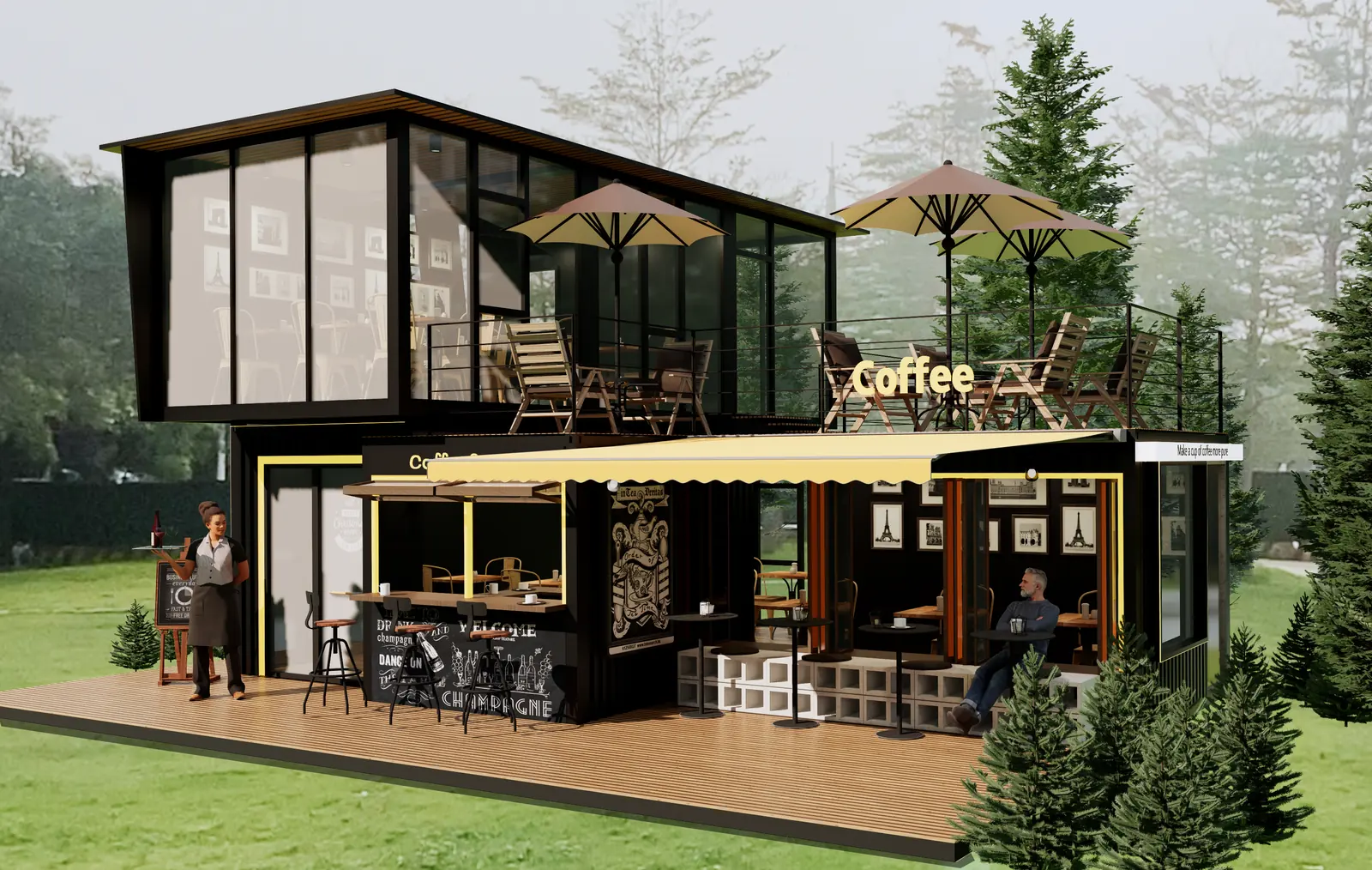 Planning a Modular Coffee Shop: Equipment, Layout and Site Connections1sunlit-tec Container cafe render showing outdoor tables and umbrella seating