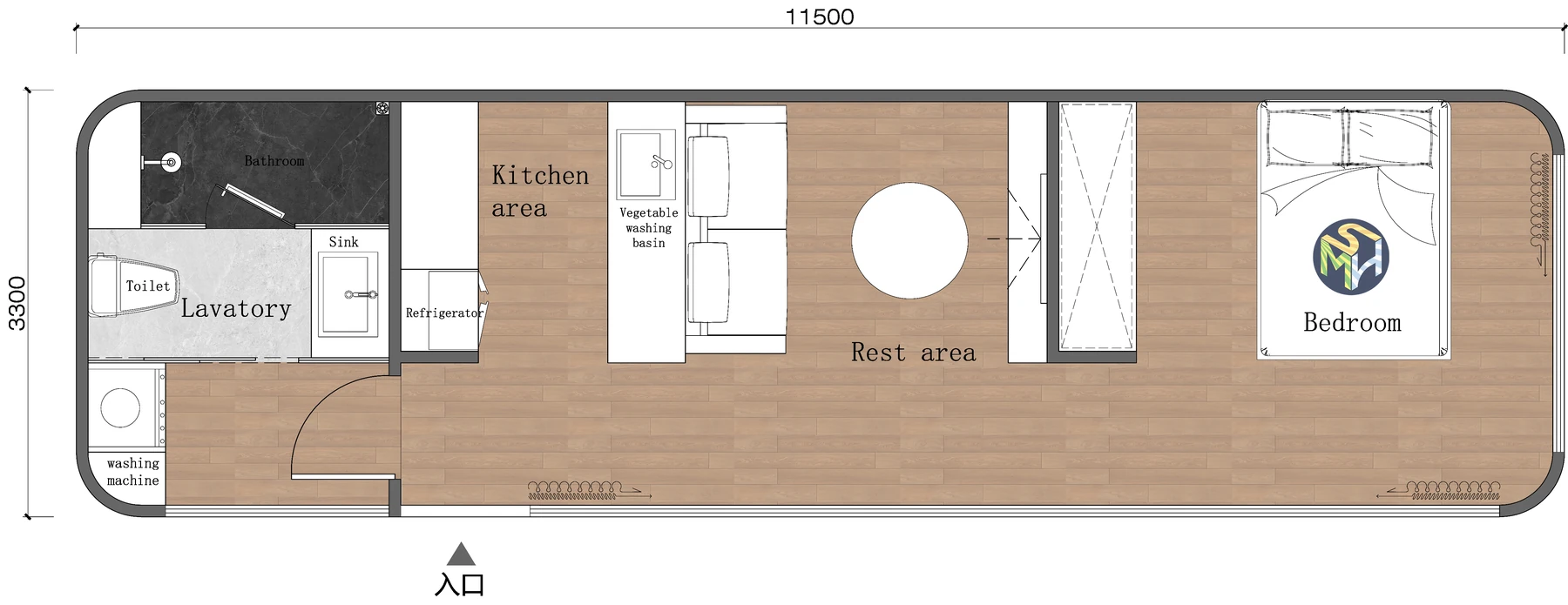 Space Capsule House Cost for Resorts: From Quote to Opening Budget1sunlit-tec E2 capsule floor plan showing a kitchen seating area bedroom and bathroom