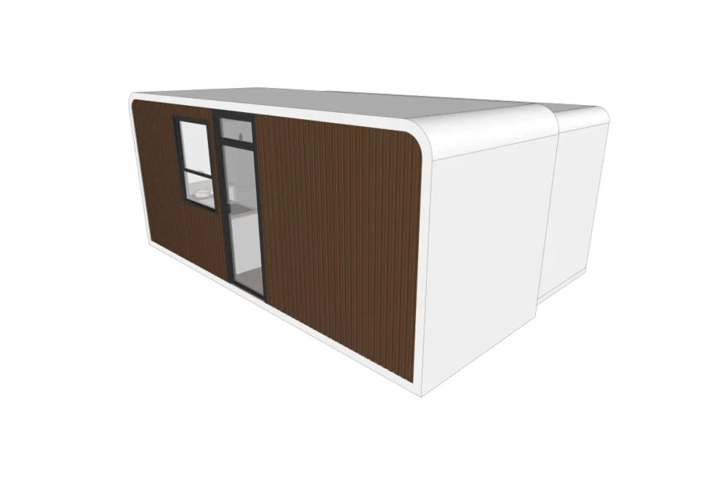 Home14sunlit-tec L3 cabin exterior render with decorative wall panels