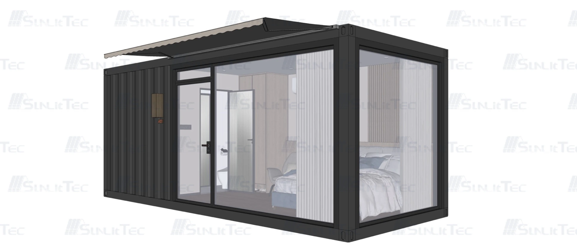 Prefab House vs Container House: Choosing Rooms for a Resort1sunlit-tec Rendering of a black container cabin with glazed walls and an awning