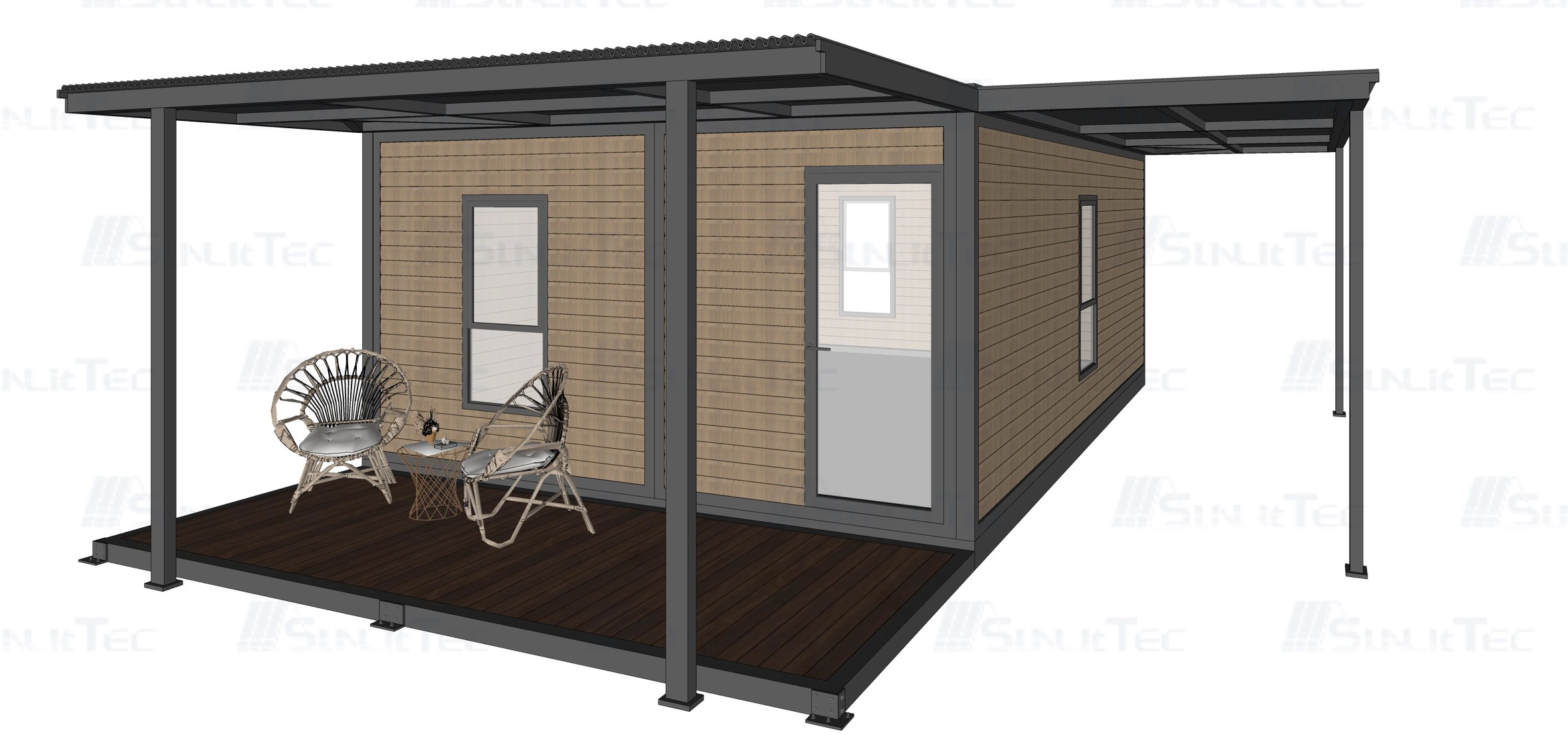 Prefab House vs Container House: Choosing Rooms for a Resort2sunlit-tec Rendering of a wood clad cabin with a covered deck and two chairs