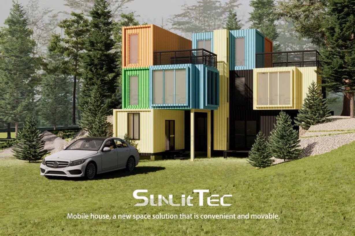 Prefab House vs Container House: Choosing Rooms for a Resortsunlit-tec Rendering of stacked colourful container units with terraces among trees