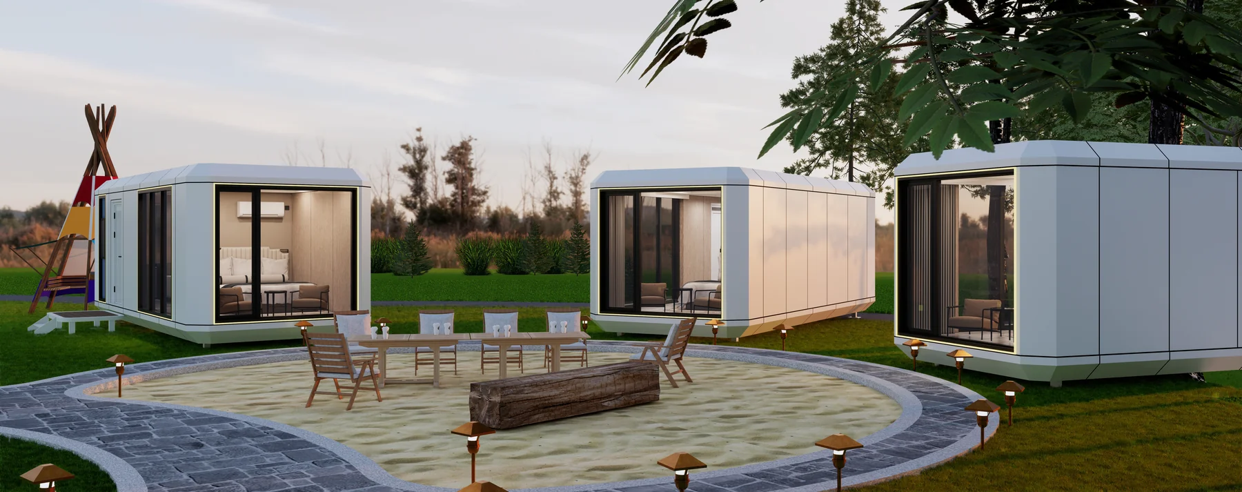 Space Capsule House Cost for Resorts: From Quote to Opening Budget2sunlit-tec Rendering of three white cabins around shared outdoor seating and a paved path