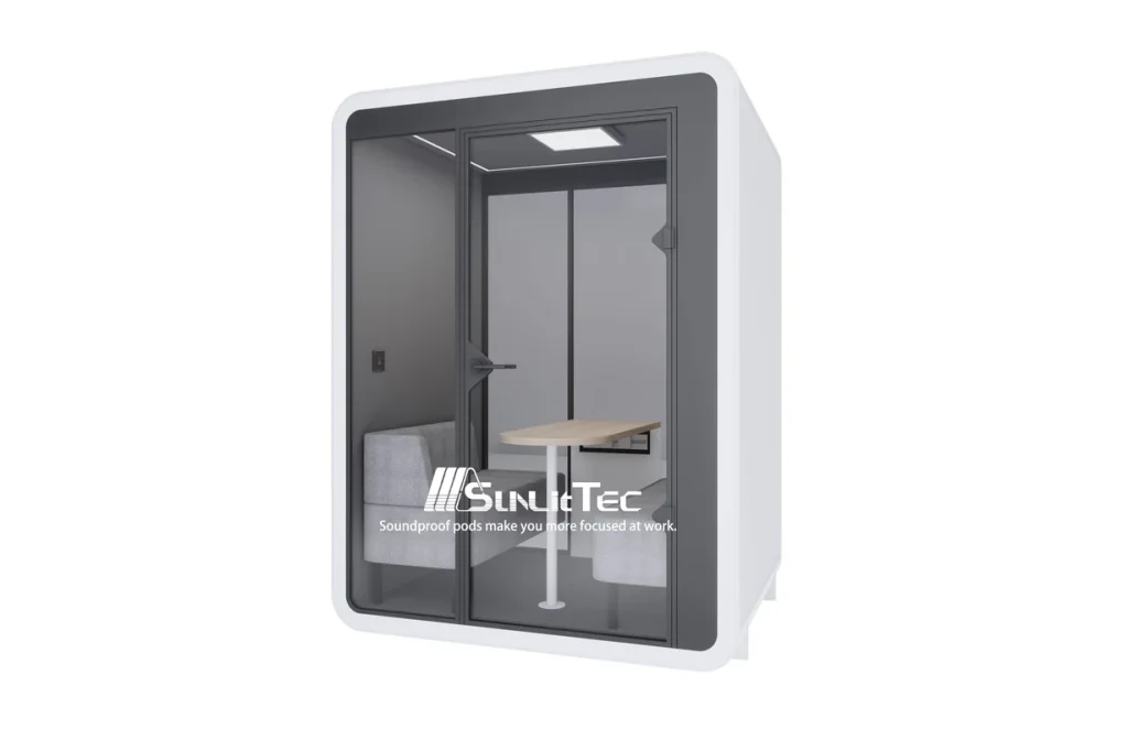 Sunlit Tec J2 office pod with a glass door and seating
