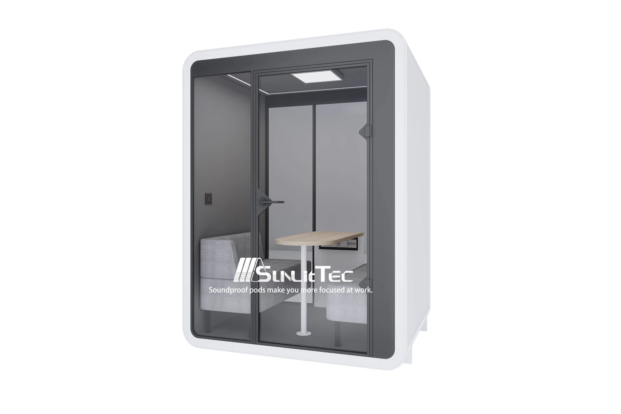 How to Evaluate an Acoustic Office Pod for a Small Officesunlit-tec Sunlit Tec J2 office pod with a glass door and seating